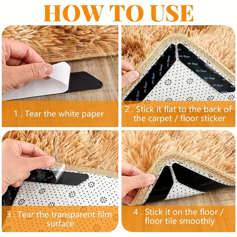 16/32pcs Heavy Duty Non-Slip Rug Grippers - Self-Adhesive Corner & Edge Padding, No Residue Removal, for Hardwood, Tile, Linoleum Floors - Anti-Slip Carpet Pads for Kitchen, Bathroom, Living Room, Office - (16 or 32pcs), Floor Safety Enhancements,