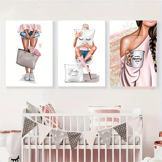 3pcs, pink flowers and fashion girl pattern, canvas wall decoration, art wall painting gift, can be used in bedroom, office, living room, bar, wall decoration, imitation oil painting, Valentine's Day, packaging canvas painting