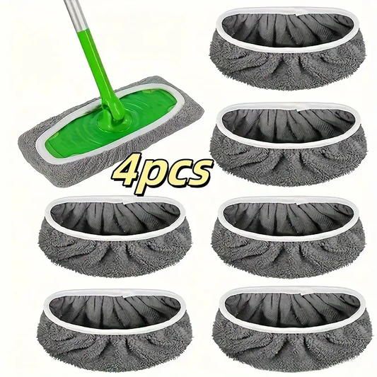4-Pack Reusable Mop Pads: Washable, Durable, Highly Absorbent, Suitable for Both Dry and Wet Cleaning, Gray Polyester Fiber with White Edged Round Design, Efficient Floor Care Tool| Detailed Surface| High Absorbent Material