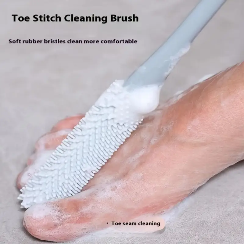 1pc Ergonomic Long Handle Foot Scrub Brush with Soft Silicone Bristles - Exfoliating Toe & Back Scrubber for Removal, Manual Bathroom Tool, Alcohol-Free Foot Spa & Shower Accessories