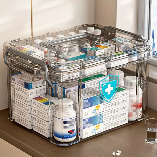 High Quality Double-Layer Medicine Storage Box - Transparent Multi-Compartment Organizer for Home and Bedroom First Aid Kit, Plastic, Non-Food Contact, with Waterproof Feature for Medication and Supplies, Medicine Storage Box
