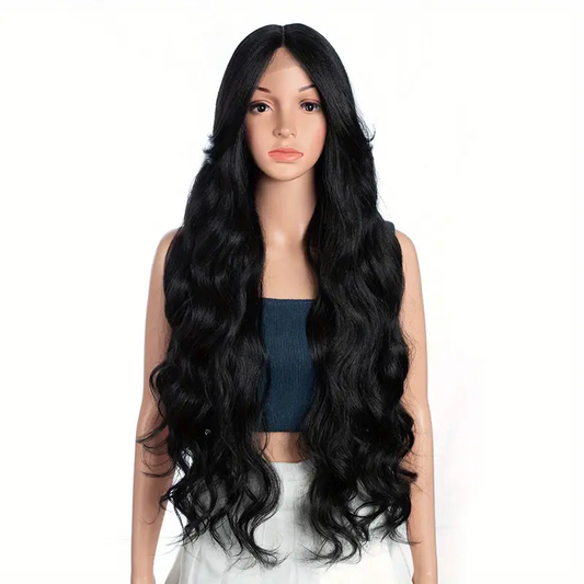 FREEDOM Basics 34" Long Body Wave Synthetic Lace Front Wig - Black with Blonde Highlights, 13x4x1 Inch Lace, High-Temperature Fiber, Unisex for Cosplay & Daily Wear