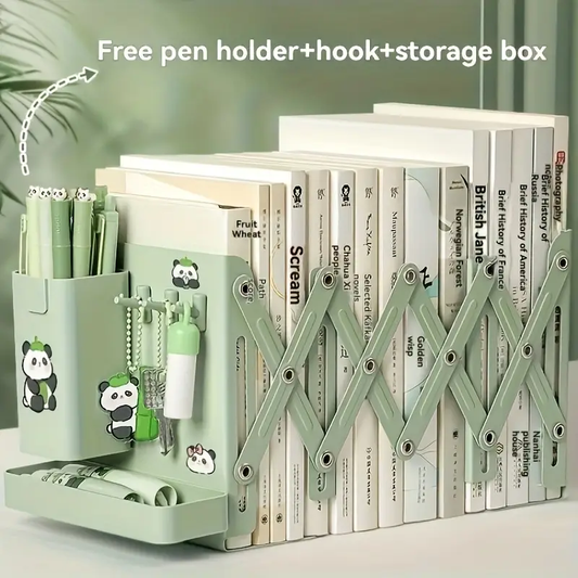 A Set of Sturdy And Versatile Retractable Bookends with Pen Holder Hooks And Storage Boxes, 6pcs Foldable Space-Saving Desktop Storage Racks, Durable Metal Book Storage Racks with Thick Dividers